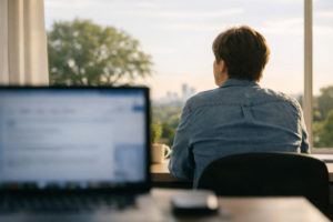 Person taking an eye rest break by looking out a window from a desk, illustrating the 20-20-20 rule for reducing digital eye strain.