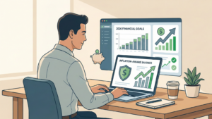 Flat illustration of a male professional in a modern office, using a laptop and monitor to review financial plans. The screens display dashboards with charts and graphs for "2026 Financial Goals" and "Inflation-Aware Savings," indicating upward growth.