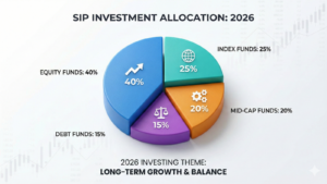 A detailed 3D pie chart infographic titled "SIP INVESTMENT ALLOCATION: 2026," illustrating a long-term growth and balance strategy. The chart shows four segments: Equity Funds at 40% with an upward arrow icon, Index Funds at 25% with a globe icon, Mid-Cap Funds at 20% with a gears icon, and Debt Funds at 15% with a balance scale icon. The background features a subtle stock market chart.