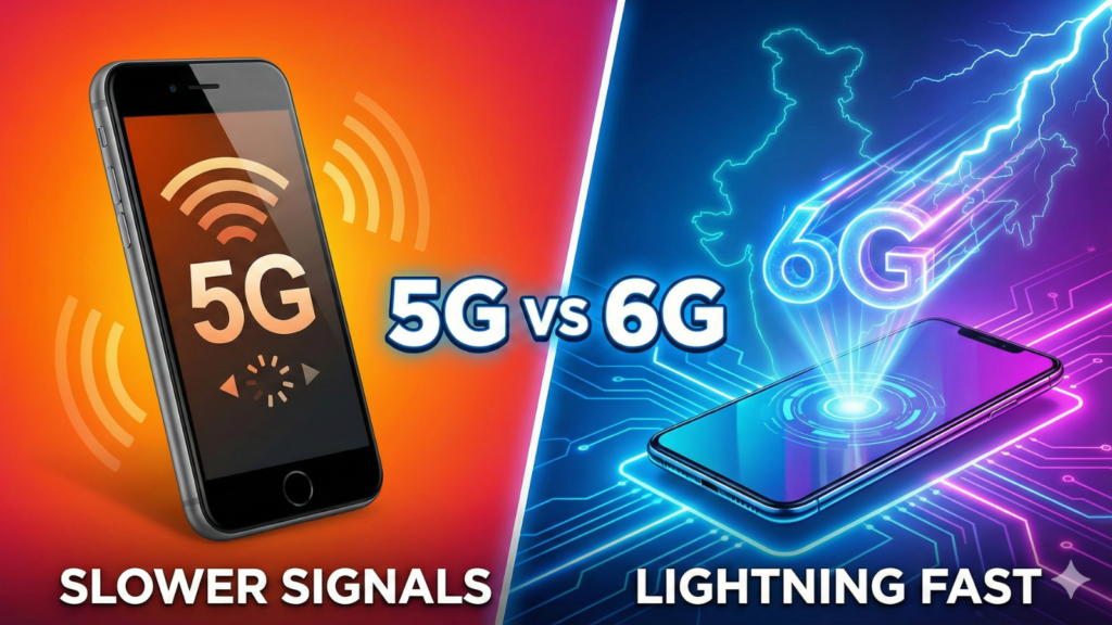 A split-screen comparison graphic titled "5G vs 6G". The red left side shows an older smartphone with "SLOWER SIGNALS" text and buffering icons. The blue right side shows a futuristic smartphone projecting a holographic "6G" logo with lightning bolts over a map outline of India and "LIGHTNING FAST" text.