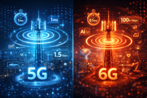 Side-by-side illustration comparing 5G and 6G networks, showing 5G with 1.5 Gbps speed and 1 ms latency, and 6G with 100+ Gbps speed, 0.1 ms latency, and AI integration, in a futuristic cityscape.
