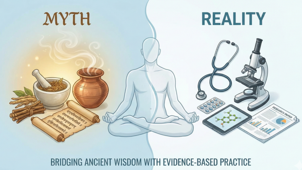 An infographic comparing "MYTH" and "REALITY" in Ayurveda. On the left, under "MYTH," are traditional herbs, a mortar and pestle, a copper pot, and old scrolls. On the right, under "REALITY," are a stethoscope, microscope, pills, a tablet with molecular structures, and research papers. A central figure in a meditative pose bridges the two sides, with the text "BRIDGING ANCIENT WISDOM WITH EVIDENCE-BASED PRACTICE" below.