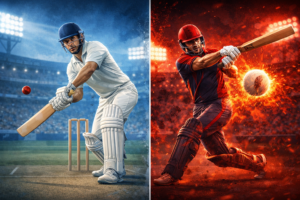 Split illustration comparing Test cricket and T10 cricket batting styles, showing a calm defensive batter on one side and an aggressive power hitter on the other in a stadium