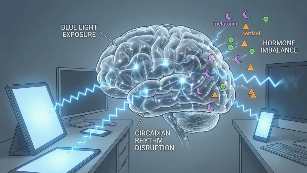 Medical illustration showing blue light waves from digital screens (tablets, computers) striking a human brain model, leading to the disruption of melatonin and cortisol hormones and causing circadian rhythm imbalance.