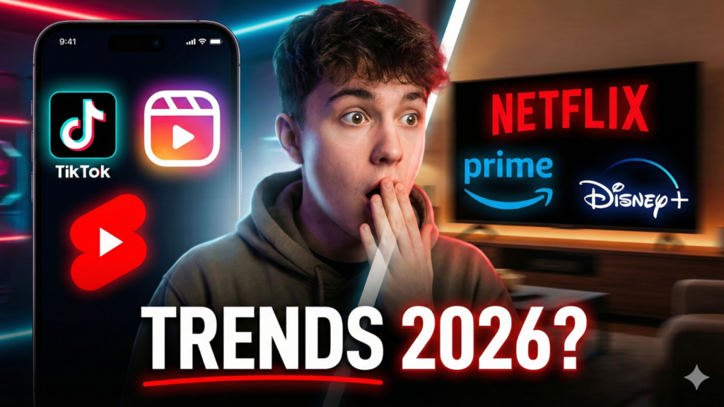 YouTube thumbnail for 'TRENDS 2026?' video, featuring a surprised creator with icons for TikTok, Instagram Reels, and YouTube Shorts on a phone, next to a TV displaying logos for Netflix, Amazon Prime, and Disney+.