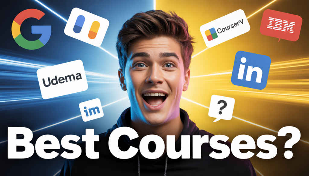 Excited student surrounded by Udemy, Coursera, LinkedIn, Google, and IBM logos highlighting the best online courses to learn in 2025