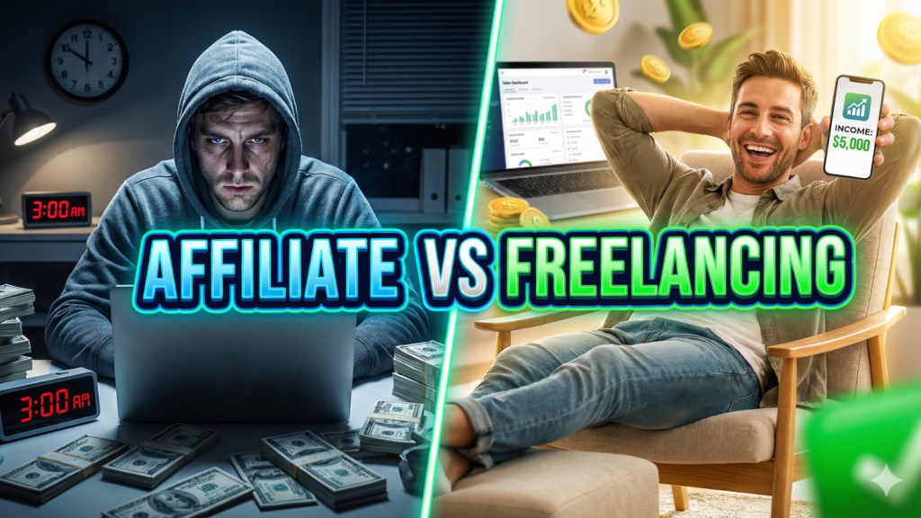 YouTube thumbnail comparing the lifestyle and income potential of affiliate marketing versus freelancing, showing a relaxed man earning passively on the right and a stressed freelancer working late on the left.