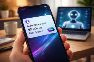 Close-up of a smartphone showing an AI assistant paying 0.5 SOL for a data service, with a robot interface in the background, illustrating the future of machine-to-machine digital payments