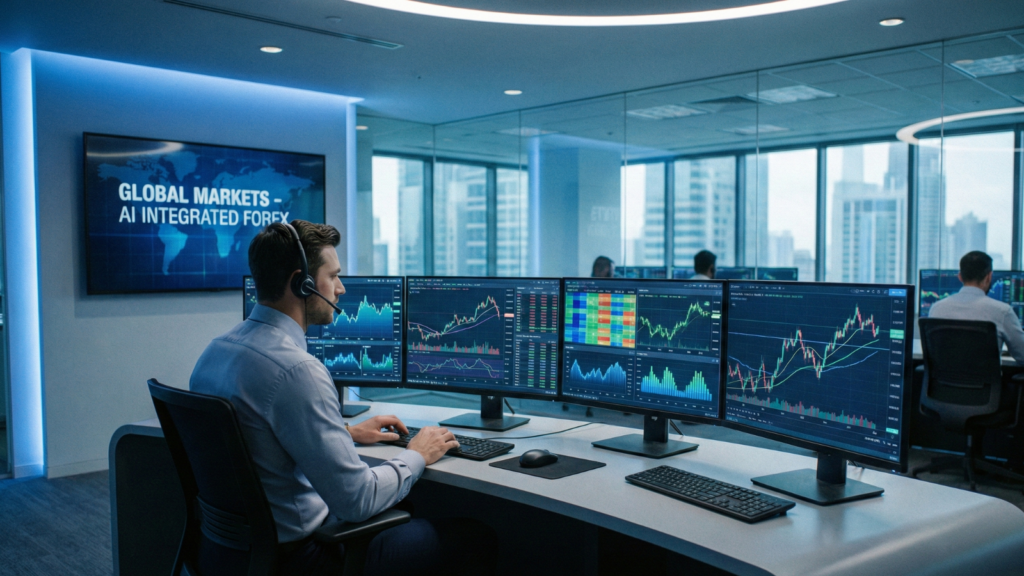 A professional trader with a headset analyzes real-time data on a multi-monitor setup at a modern, AI-integrated forex trading desk, with a large screen displaying "GLOBAL MARKETS - AI INTEGRATED FOREX" in the background.