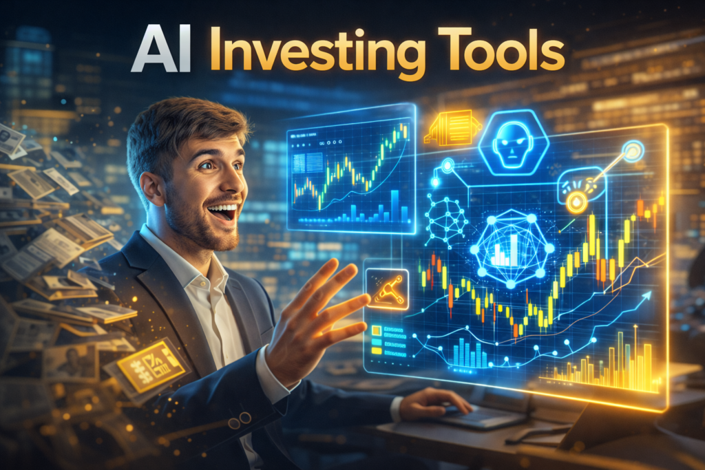 AI investing tools transforming finance in 2026 with a young professional viewing futuristic holographic stock charts and automated trading technology in a modern office setting