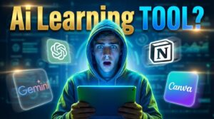 Surprised student using AI learning tools like ChatGPT, Gemini, Grammarly, Notion, Canva for study in 2026