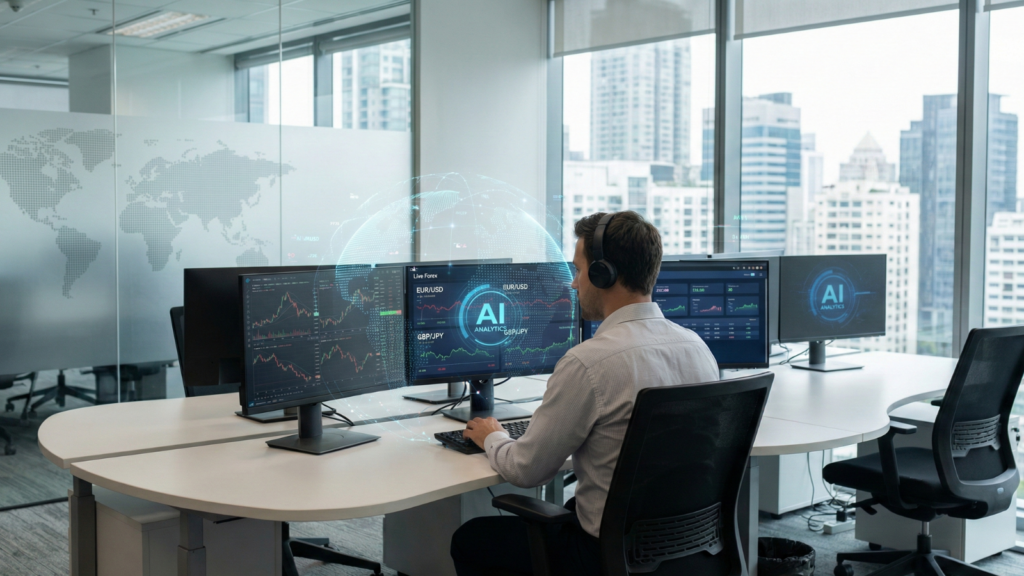 A professional financial trader uses a multi-screen setup with an AI analytics holographic overlay to monitor forex markets in a modern city office