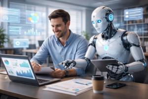 A professional man in a modern office collaborating with a humanoid AI robot, reviewing documents and analyzing data on a laptop and tablet, with digital overlays showing graphs and workflow automation.