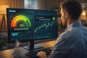 AI-powered stock trading dashboard showing a trader using sentiment analysis and automated buy orders on a modern 2026 trading platform in a home office setup
