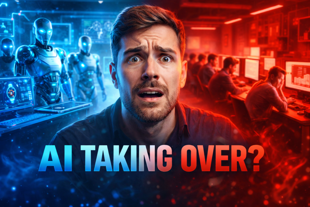 Worried man between futuristic AI robots and tired office workers with bold text AI Taking Over showing contrast between artificial intelligence and human jobs