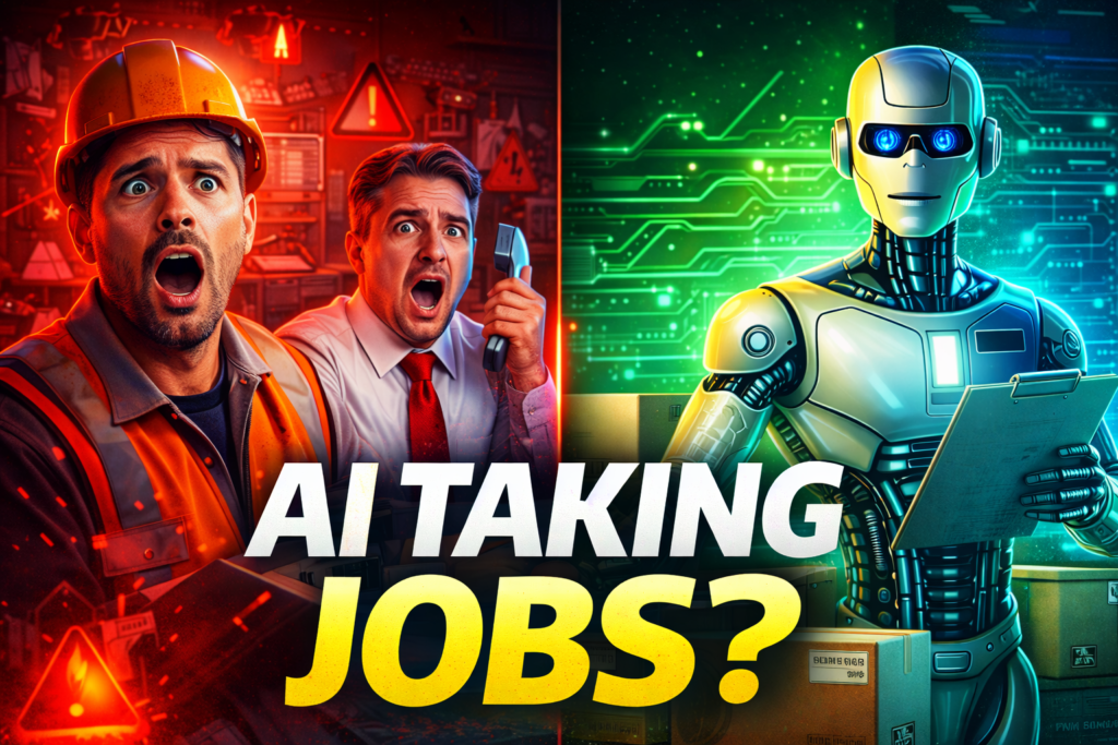 AI replacing human jobs in 2026 with robot and workers comparison