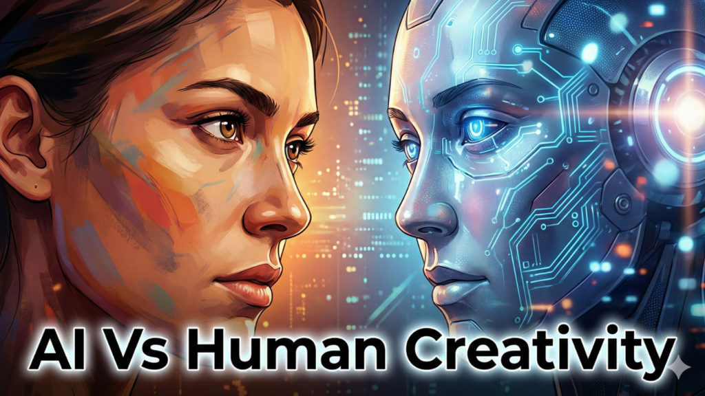 An illustration featuring a human face with artistic paint strokes on the left staring at a futuristic AI robot head with glowing blue circuits on the right. Large white text across the bottom reads "AI Vs Human Creativity," representing the comparison between human artistic expression and artificial intelligence technology.