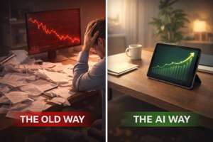 Comparison image showing AI-powered automated office versus human-operated workplace, highlighting the future of work and technology transformation