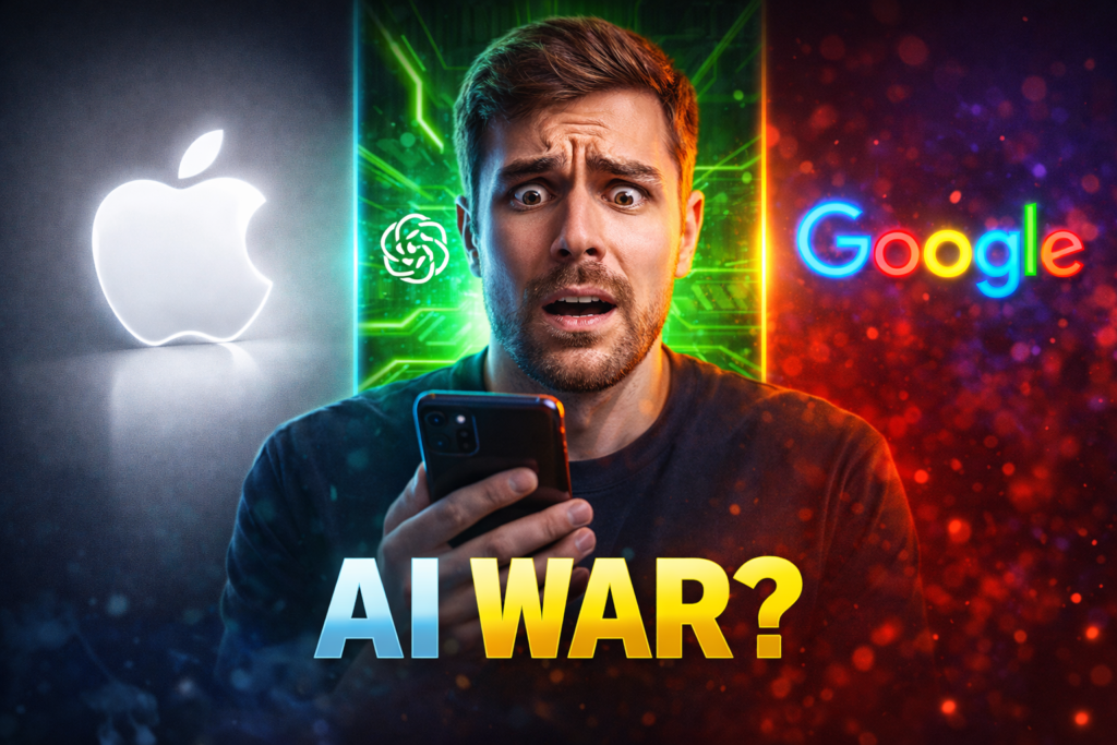 Confused man holding smartphone between Apple, OpenAI, and Google AI visuals with bold text AI War showing competition between major tech companies