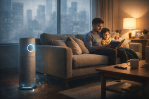 Modern air purifier protecting a father and child from outdoor air pollution inside a clean living room while the city outside appears hazy
