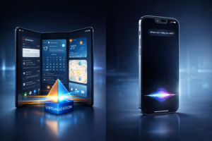 Side-by-side comparison of a tri-fold Android device showing advanced multitasking features and an ultra-thin iPhone 17 displaying a minimalist Siri interface, highlighting customization and design differences.