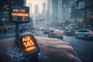 Smartwatch showing AQI 145 air quality alert on a city street with haze, electric vehicles, and digital billboard displaying real-time air pollution data in a modern 2026 city.