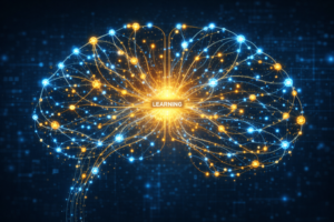 Futuristic digital neural network shaped like a human brain with glowing blue and gold nodes and a bright learning core, representing artificial intelligence and machine learning.