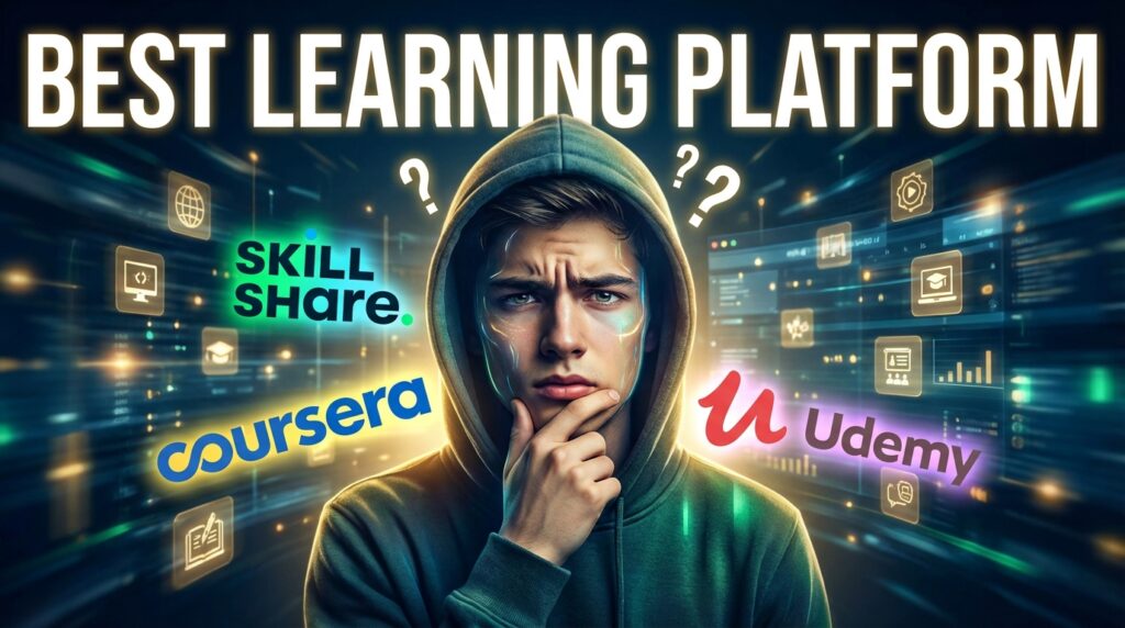 Confused student choosing the best online learning platform like Skillshare, Coursera, Udemy with digital interface