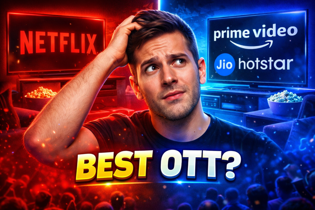 Split-screen YouTube thumbnail comparing OTT apps in India, with Netflix on the red left side and Prime Video/JioHotstar on the blue right side, featuring a confused man in the center.