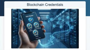 Smartphone displaying a blockchain-based skill wallet with verified digital badges for data science, Python, and public speaking.