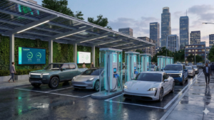 A bustling modern electric vehicle charging station in a city at dusk. Several EVs, including a Rivian R1T truck, a Tesla Model Y, and a Porsche Taycan, are plugged into high-tech chargers under a large solar-panel canopy with a green wall. A line of other electric vehicles waits for a spot. The wet asphalt reflects the charger lights and city buildings in the background.