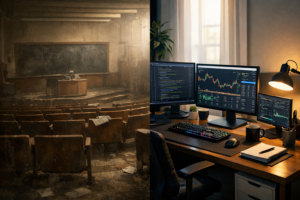 Split cinematic scene showing an empty dusty lecture hall on one side and a modern home desk with multiple monitors displaying coding projects and market data on the other, symbolizing the shift from traditional education to digital-first careers.