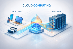 Isometric 3D illustration explaining how cloud computing works, showing front-end devices sending data to back-end servers through a central virtualization layer.