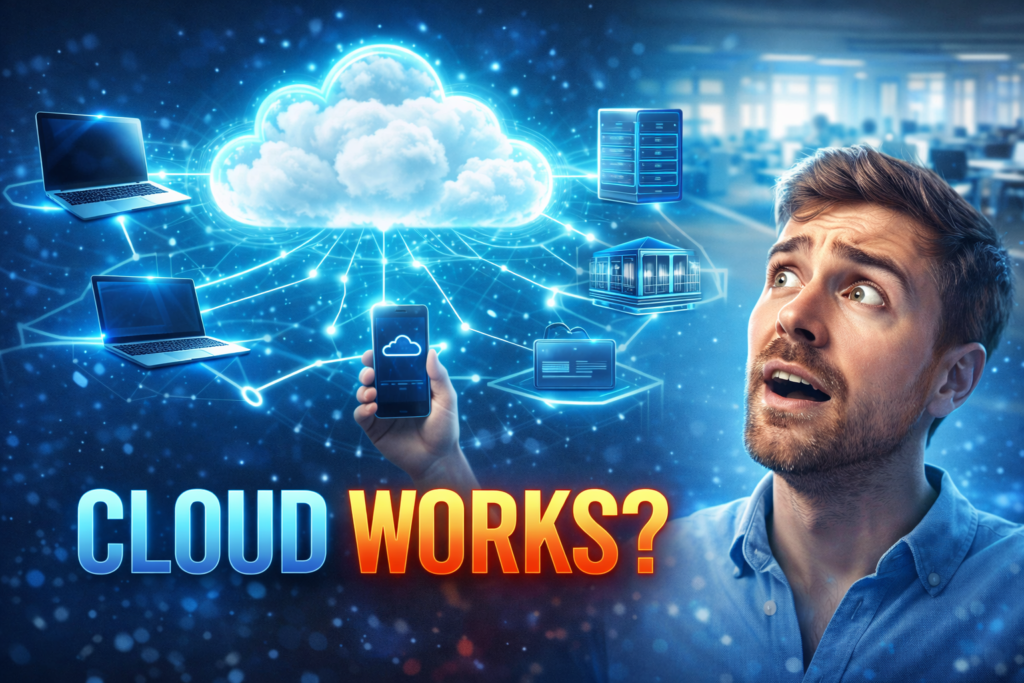YouTube thumbnail showing a glowing cloud connected to laptops, servers, smartphones, and businesses with bold text “CLOUD WORKS?”, explaining how cloud computing works in a simple visual way.