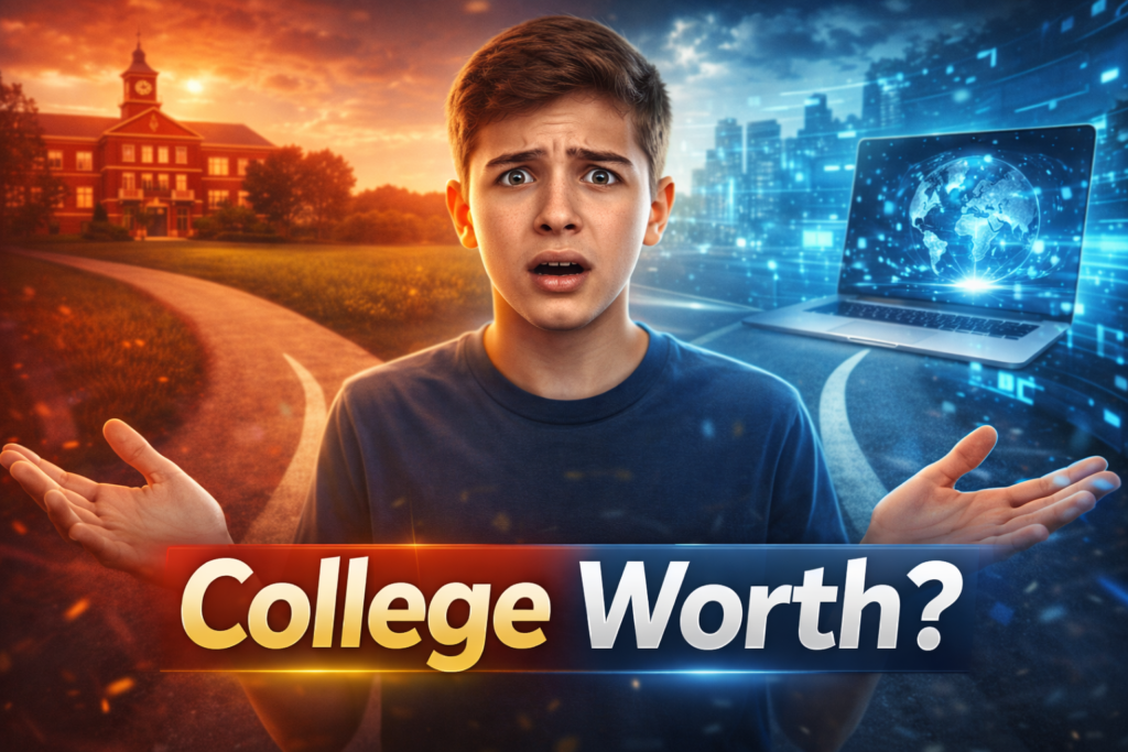 showing a confused student at a crossroads choosing between traditional college education and digital learning on a laptop, highlighting the question of whether college is worth it.