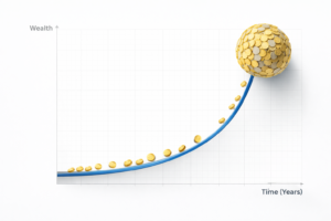 3D graph showing compound interest growth over time with gold coins forming a large money snowball, illustrating dividend growth investing and long-term wealth creation.