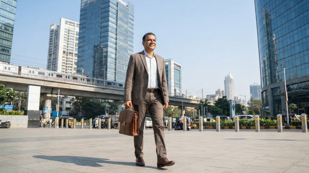A smiling middle-aged Indian businessman in a blazer, carrying a leather briefcase, walks confidently across a paved plaza in a modern urban business district with glass skyscrapers and an elevated metro train in the background.