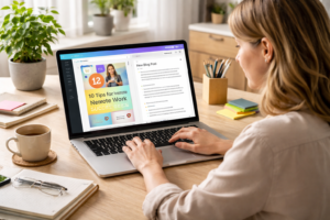 Entrepreneur creating digital content on a laptop using Canva and a writing interface in a modern workspace, representing content creation tools for online business growth.