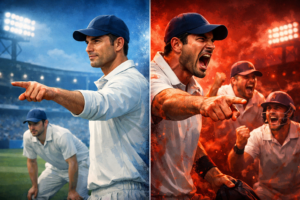 Split scene illustration of a cricket captain showing calm field-setting leadership on one side and aggressive on-field motivation on the other in a packed stadium