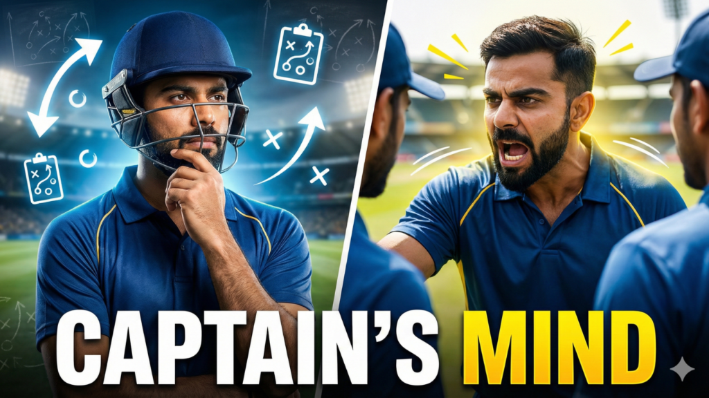 High-contrast YouTube thumbnail with a split-screen composition. The left side shows a cricket captain in a blue jersey and helmet, deep in thought with neon tactical diagrams in the background. The right side shows the same captain shouting instructions to teammates. The image features a bold text overlay at the bottom that reads "CAPTAIN'S MIND."