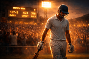 Cricket player walking back to the pavilion after a match-saving knock with a glowing scoreboard and blurred crowd in the background
