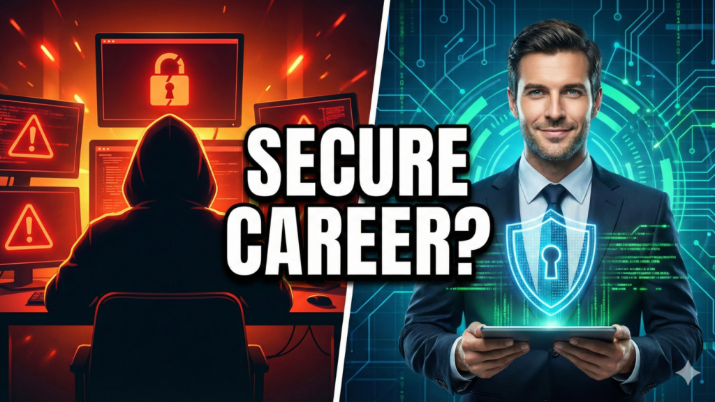 A split-screen YouTube thumbnail comparing cybersecurity. The red left side shows a hooded hacker with warning screens and a broken lock. The blue right side shows a confident professional holding a tablet with a glowing digital shield. Large central text reads "SECURE CAREER?".