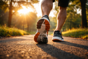 Close-up of running shoes walking on a park path at sunrise, symbolizing the underrated power of daily walking for health, energy, and motivation.