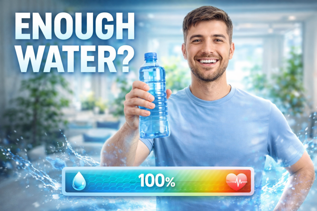 YouTube thumbnail featuring a smiling, healthy man holding a large water bottle with splashing effects. Text overlays ask "ENOUGH WATER?" and show a "100% DAILY INTAKE" progress bar with hydration and energy icons, illustrating the benefits of proper hydration.