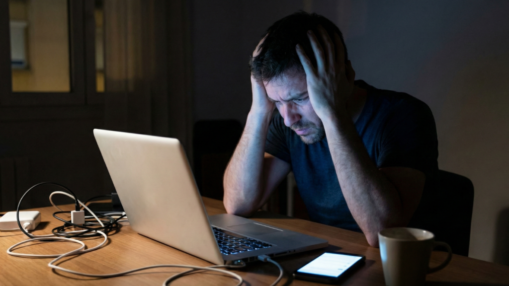 A stressed man suffering from digital burnout, holding his head in his hands while sitting in front of a glowing laptop and smartphone late at night on a messy desk.