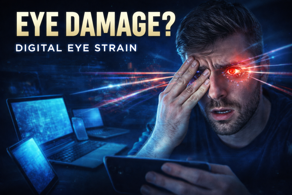 YouTube thumbnail titled "EYE DAMAGE?" depicting a man with red, painful eyes rubbing them while looking at a smartphone emitting blue light, with glowing blue outlines of a laptop, tablet, and monitor in the background, illustrating digital eye strain from excessive screen time.