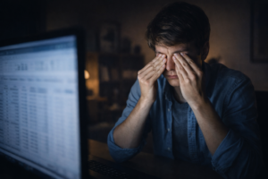 Young man experiencing digital eye strain, rubbing his eyes while working late on a computer in a dimly lit home office.