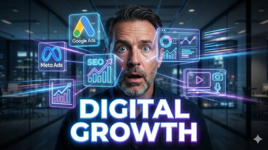 digital-marketing-growth-google-meta-ads-seo-analytics.jpg Image Alt Text: Man with surprised expression looking at holographic icons for Google Ads, Meta Ads, SEO, and analytics charts with the text "DIGITAL GROWTH" in a modern office setting.