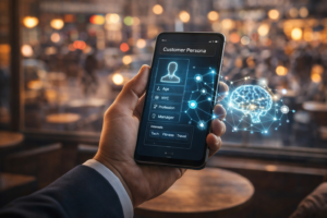 Close-up of a professional hand holding a smartphone showing AI-powered customer persona data and neural connections, representing future digital marketing trends and personalization.
