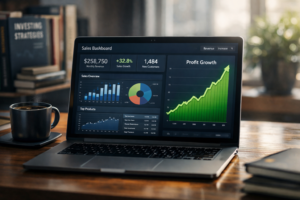 Modern home office desk with a laptop displaying a digital products sales dashboard and rising green profit graph, representing online income growth in 2026.
